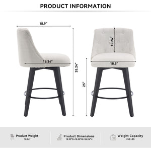 English Elm 007-360° Swivel Bar Stools Set of 2 25" Counter Height Linen Tufted Back Solid Wood Frame Durable Upholstery White W2636P242111