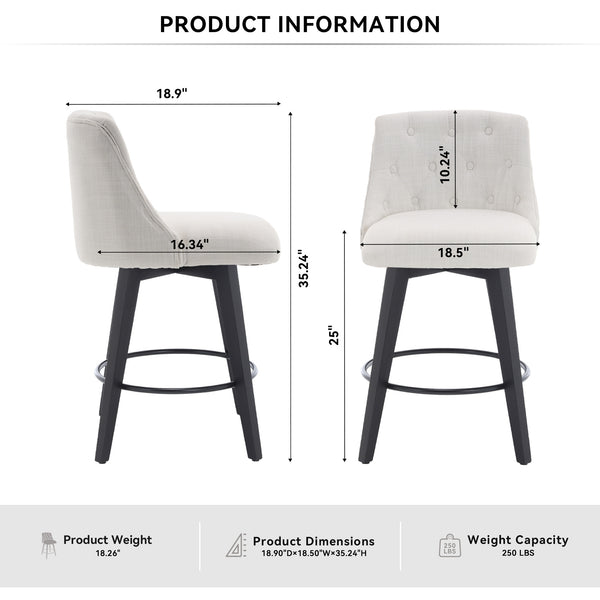 English Elm 007-360° Swivel Bar Stools Set of 2 25" Counter Height Linen Tufted Back Solid Wood Frame Durable Upholstery White W2636P242111