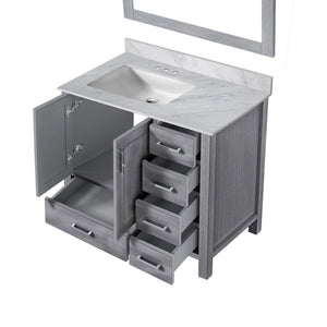 English Elm Distressed Grey Bath Vanity Set With Left Offset Carrara Marble Top & Elegant 34" Mirror Included B2731S00687