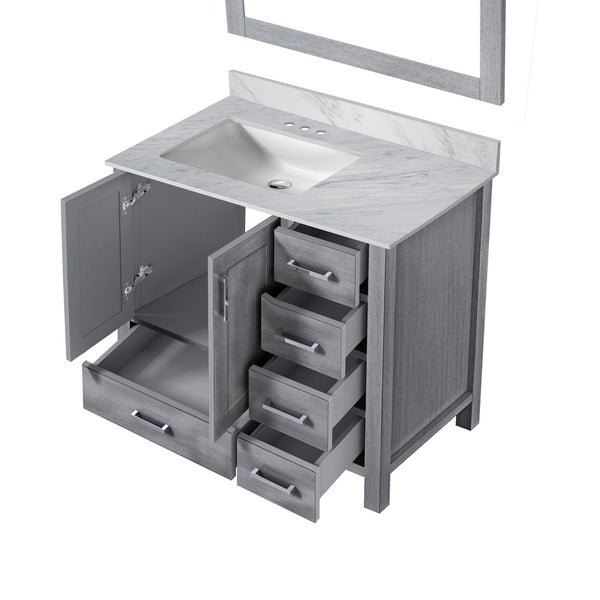 English Elm Distressed Grey Bath Vanity Set With Left Offset Carrara Marble Top & Elegant 34" Mirror Included B2731S00687