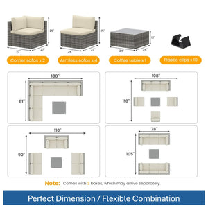 English Elm 7-piece Outdoor Modular Sectional Pe Wicker Patio Set with Tempered Glass Coffee Table Beige+Brown B082S00063