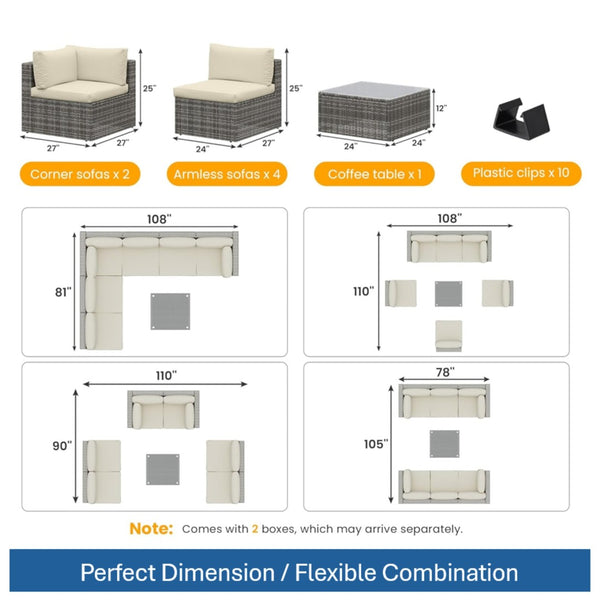 English Elm 7-piece Outdoor Modular Sectional Pe Wicker Patio Set with Tempered Glass Coffee Table Beige+Brown B082S00063