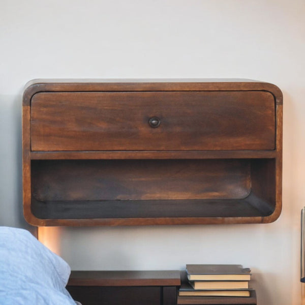 English Elm Solid Mango Wood Floating Nightstand with Drawer and Open Shelf Warm Chestnut Finish B182P234132