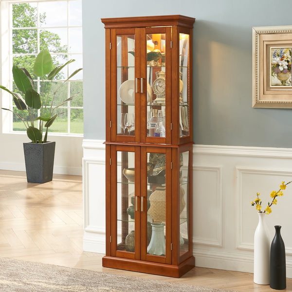 English Elm Curio Display Cabinet with Internal Lighting, Mirrored Back, 6 Adjustable Shelves, Glass Doors Walnut W1693P154578