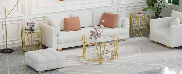 English Elm 31.5inch Modern Luxury Gold Coffee Table with Two-Tier Storage, Tempered Glass Top, Elegant Crown Design Clear W1550P171448