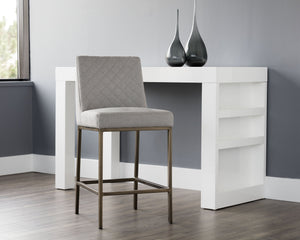 Sunpan Leighland Classic Barstool with Antique Brass Frame and Diamond-Stitched Faux Leather Upholstery Light Grey