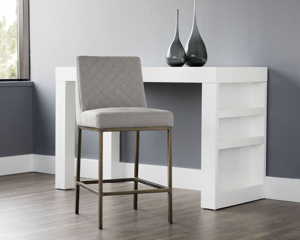 Sunpan Leighland Classic Barstool with Antique Brass Frame and Diamond-Stitched Faux Leather Upholstery Light Grey