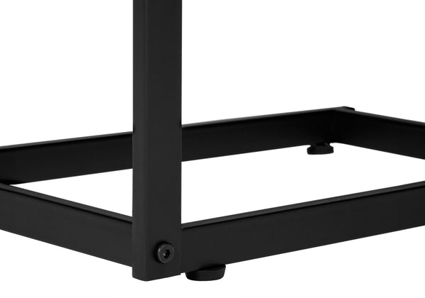 English Elm Accent C-Shaped End Table with Slide-Under Base, Reclaimed Brown Laminate Top & Drawer Storage, Black Metal Frame for Sofa Side Convenience and Modern Living Room Use B2710P219357