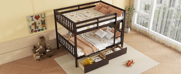 English Elm Full Full Over Full Rubber Wood Bunk Bed With 2 Storage Drawers, Convertible Into 2 Separate Beds, Espresso W504S00196