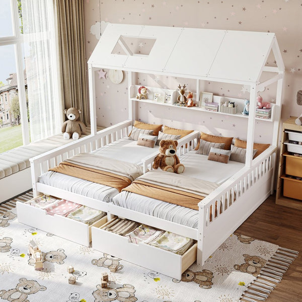 English Elm Double Twin House Bed Pine Wood Frame Kids Playhouse Bunk with Storage Drawers White W5305S00006