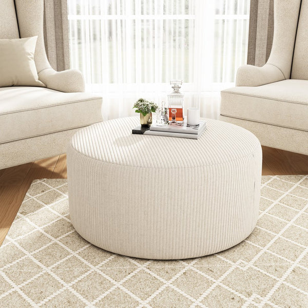 English Elm Christopher Knight Home® - Upholstered Round Ottoman with Faux Leather Upholstery, Dense Foam & Pocket Coil Comfort, 31" Beige N757P181733I