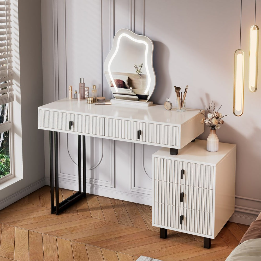 English Elm Adjustable-length Makeup Vanity with Cloud Led Mirror Ribbed Drawers and Modular Storage W3767P441919