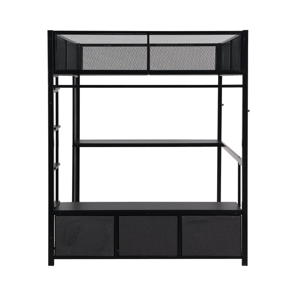 English Elm Full Metal Gaming Loft Bed with LED Lighting, Built-In Desk, Open Wardrobe and 3 Drawers for Space-Saving Comfort Black GX001133AAB