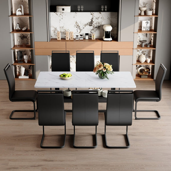 English Elm Table And Chair Set - Modern White Grain Spliced Dining Table With 8 Black Pu Chairs & Storage Function W1151S04275-GIGA