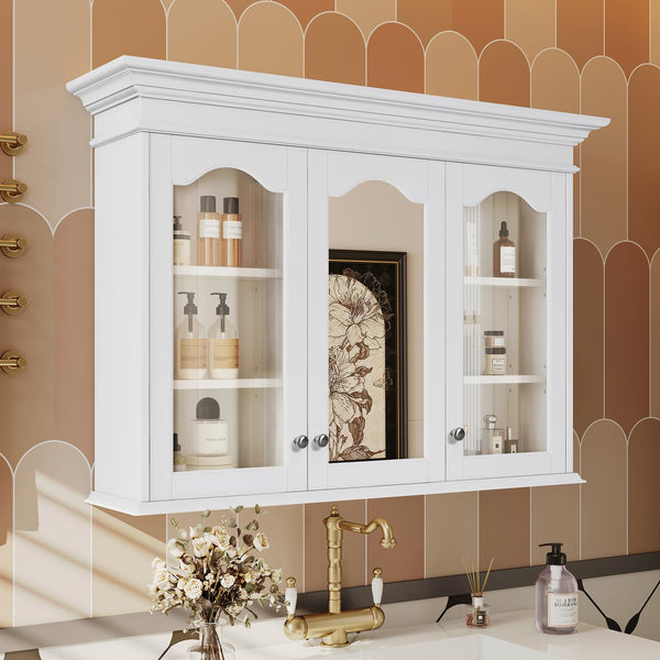 English Elm 40" Medicine Cabinet with Mirror, 6 Adjustable Shelves, Wall-Mounted Bathroom Organizer, White Modern Design N710P264317K