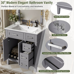 English Elm 30" Freestanding Bathroom Vanity Ceramic Sink Soft Close Cabinet Gray Wood Frame Grey N729P427118E