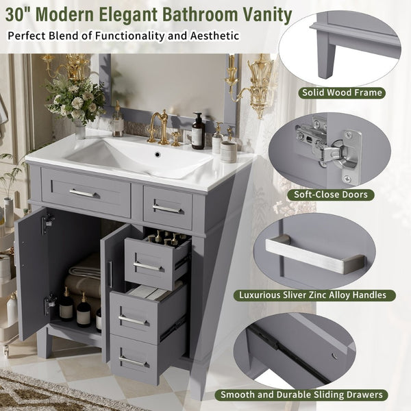 English Elm 30" Freestanding Bathroom Vanity Ceramic Sink Soft Close Cabinet Gray Wood Frame Grey N729P427118E