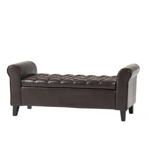 English Elm Brown Tufted Linen Storage Bench with Rolled Arms for Bedroom or Entryway N770P372389D
