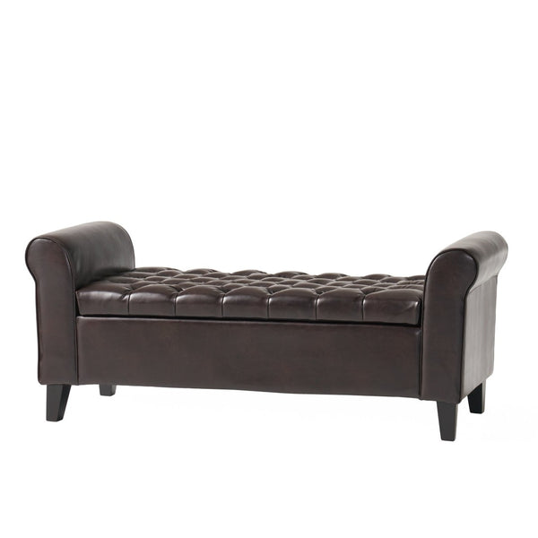English Elm Brown Tufted Linen Storage Bench with Rolled Arms for Bedroom or Entryway N770P372389D