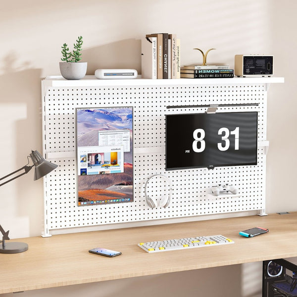 English Elm Metal Pegboard Workstation Organizer Dual Monitor Arms Powder Coated Steel Gaming Desk White W2700P346781