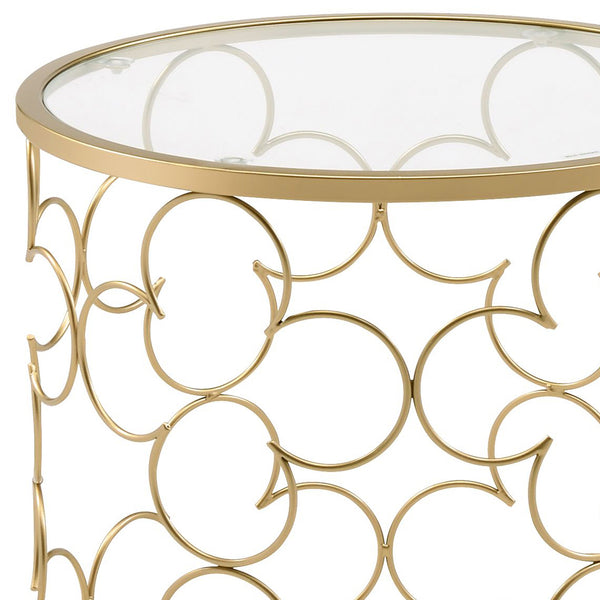 English Elm Flowie Gold Finish Nesting Tables with Clear 5mm Tempered Glass Top, Drum Metal Frame Chic Decor B2726P244958