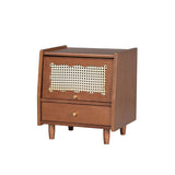 English Elm Wooden Nightstand With Rattan-Woven Storage Cabinet and 1 Drawer, Exquisite Elegance With Natural Storage Solutions For Bedroom, Walnut