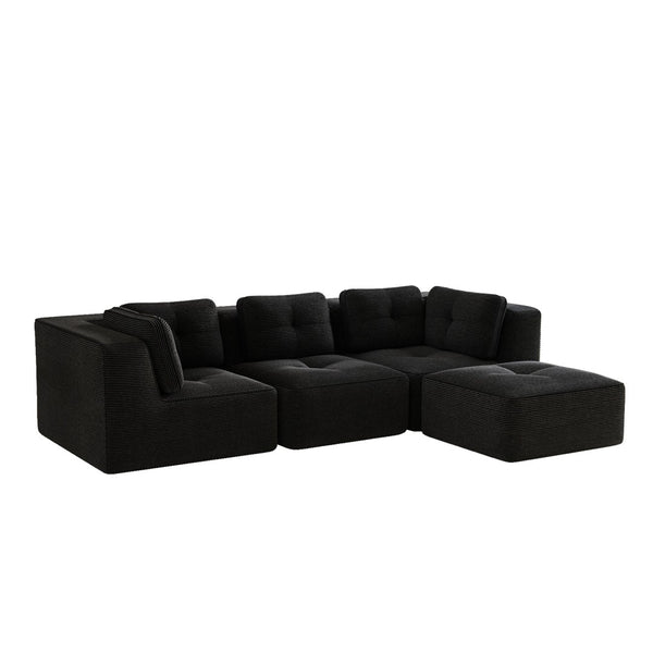 English Elm Modern Corduroy Sectional Sofa Tufted Deep Seat Couch with Movable Ottoman No Assembly Black W714S01790