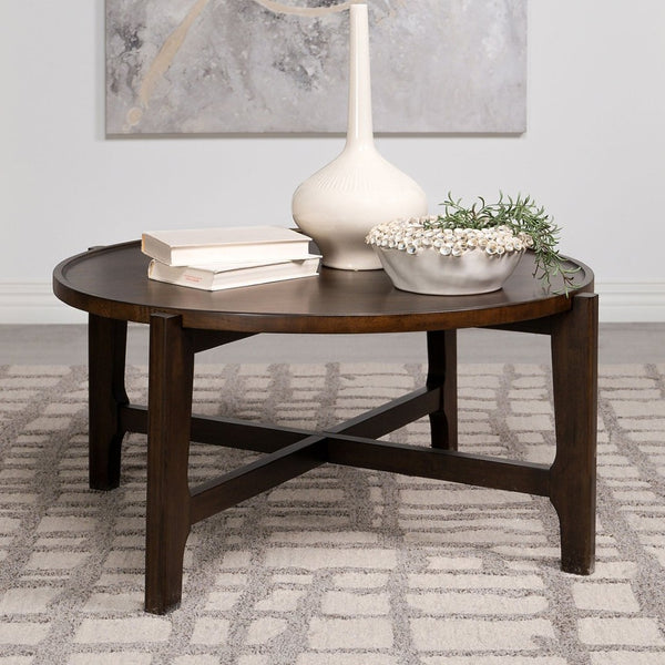 English Elm Round Solid Wood Coffee Table - Dark Brown Finish, Durable Design For Stylish Living Spaces & Gatherings B016P373111-GIGA