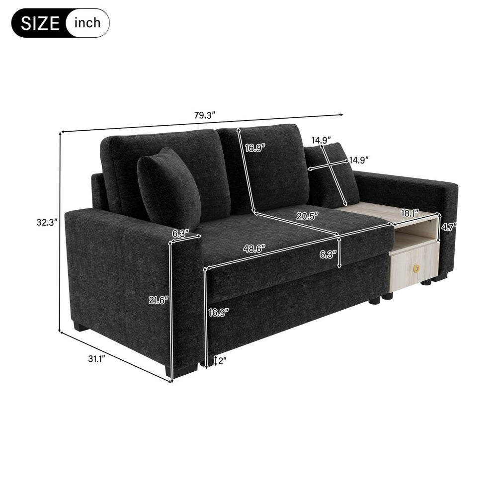 English Elm Modern Chenille Upholstered Sofa with Console Storage Armrest for Living Room Black N763S000062B