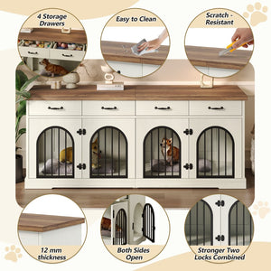 English Elm 70.8" Dual Dog Kennel Console Mdf Cabinet with Arched Iron Doors and Four Drawers N704G201616A