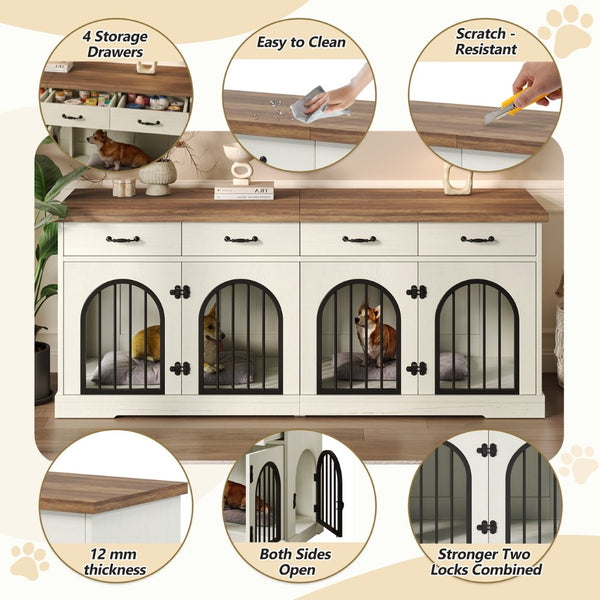 English Elm 70.8" Dual Dog Kennel Console Mdf Cabinet with Arched Iron Doors and Four Drawers N704G201616A