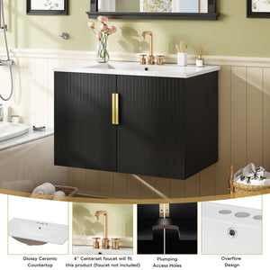 English Elm 30" Vintage Bathroom Vanity with Ceramic Sink — Wall-Mount MDF & Solid Wood Cabinet, Storage, Sleek Finish Black N710P214100B