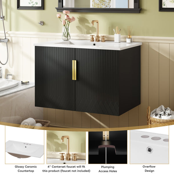 English Elm 30" Vintage Bathroom Vanity with Ceramic Sink — Wall-Mount MDF & Solid Wood Cabinet, Storage, Sleek Finish Black N710P214100B