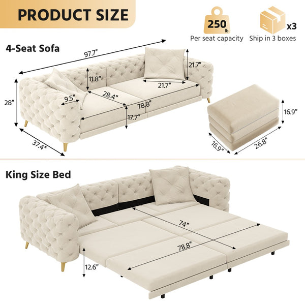 English Elm 97.6" Oversized Velvet Chesterfield Sleeper Sofa Floral Tufted Roll Arm Living Room Couch Beige+White W1885S00297