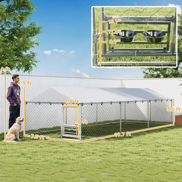 English Elm Large-sized Galvanized Steel Outdoor Dog Kennel with Oxford Fabric Weatherproof Roof T3971S00207