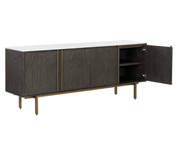 Sunpan Briar Mid-Century Modern Sideboard with White Marble Top and Antique Brass Accents for Stylish Storage Dark Brown