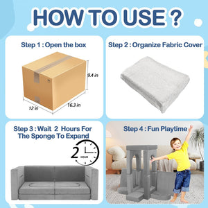 English Elm 12 Piece Modular Foam Play Couch Set Velvet Convertible Sofa Fort for Kids Playroom Light Gray T5880P493403