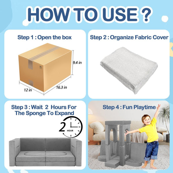 English Elm 12 Piece Modular Foam Play Couch Set Velvet Convertible Sofa Fort for Kids Playroom Light Gray T5880P493403