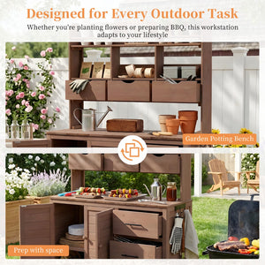 English Elm (with Hutch) Topamx Solid Fir Potting Bench Patio Workstation Spice Rack Drawer Brown N717P404331D