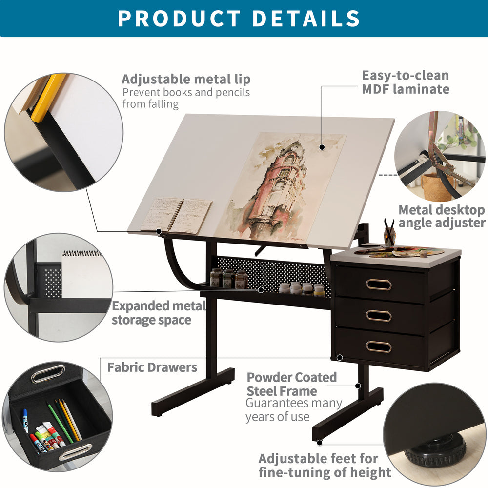 English Elm White Adjustable Drafting Table with Stool & 3 Fabric Drawers, Tilt 0–75° MDF Top Steel Frame Desk W347P338175