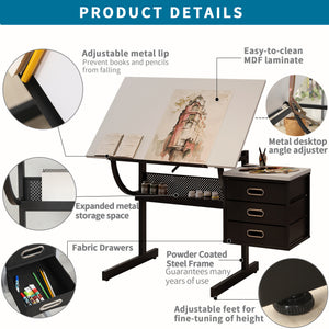 English Elm White Adjustable Drafting Table with Stool & 3 Fabric Drawers, Tilt 0–75° MDF Top Steel Frame Desk W347P338175
