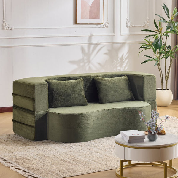 English Elm 71-inch plush folding sofa bed with high-density foam, faux fur futon convertible for guests and yoga Green W1829P362308