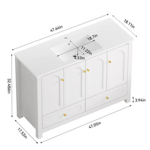 English Elm 48" White Mdf Bathroom Vanity with Integrated Resin Basin Six Storage Soft Close Doors W3133S00028