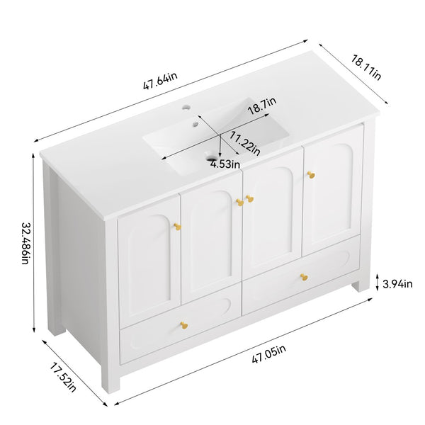 English Elm 48" White Mdf Bathroom Vanity with Integrated Resin Basin Six Storage Soft Close Doors W3133S00028