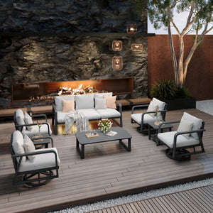 English Elm Fr Outdoor 7 Piece Aluminum Patio Set with Swivel Rockers and Memory Foam Cushions T5925S00003