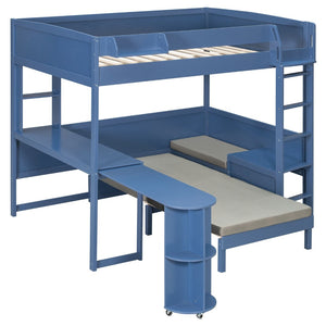 English Elm Full Size Loft Bed with Rotating Desk Led Lighting Sofa and Bookshelf Storage Navy Blue LT000200AAC