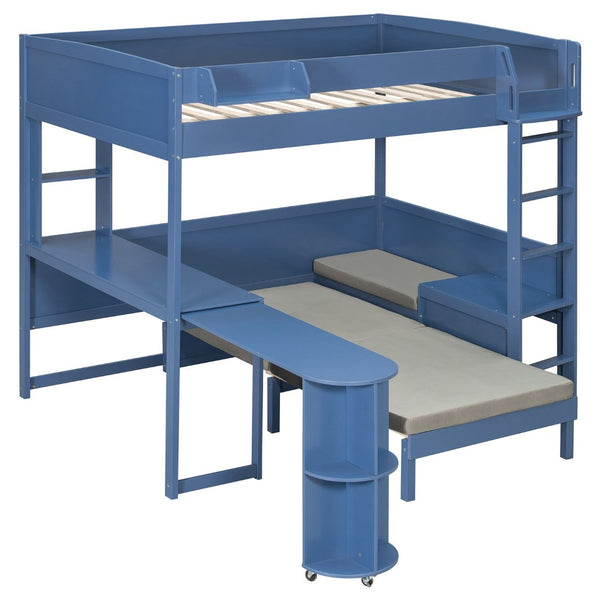 English Elm Full Size Loft Bed with Rotating Desk Led Lighting Sofa and Bookshelf Storage Navy Blue LT000200AAC