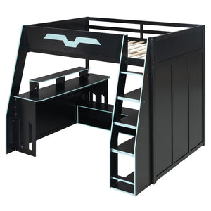 English Elm Full Size Wood Loft Bed with Rgb Lighting Desk and Multi-tier Shelves for Gaming Blue LT000374AAC