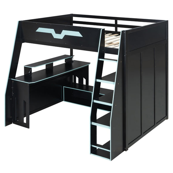 English Elm Full Size Wood Loft Bed with Rgb Lighting Desk and Multi-tier Shelves for Gaming Blue LT000374AAC