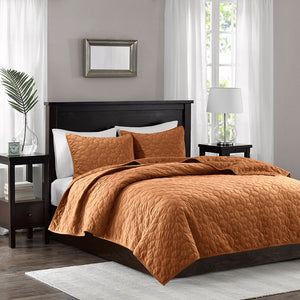 JLA Home Madison Park - 3 Velvet Quilt Set with Plush Polyester Velvet, Geometric Stitching, Antimicrobial Finish for Cozy Beds Rust MP13-8008